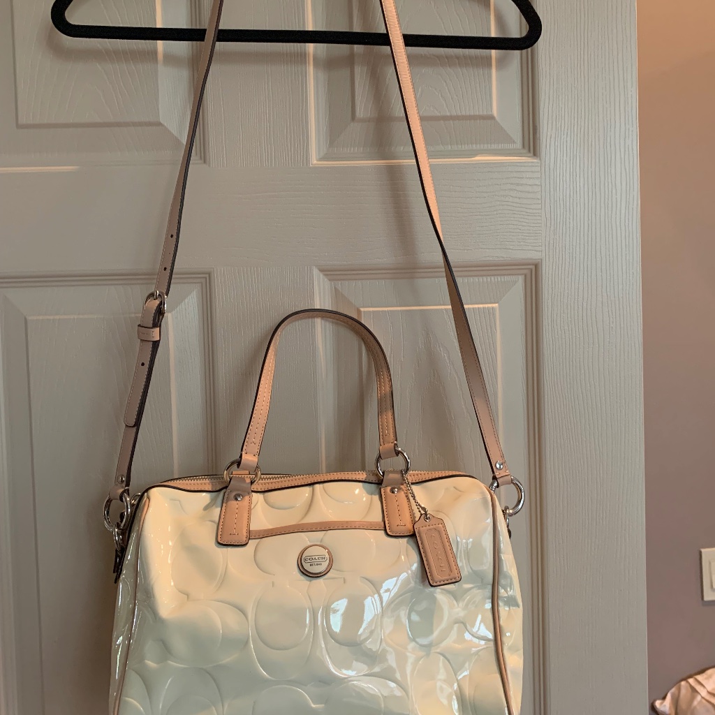 Coach Cream Patent Satchel With Tan Trim